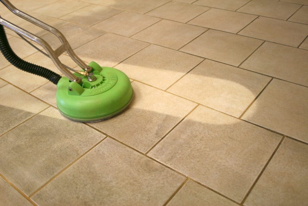 grouted tile cleaning in progress