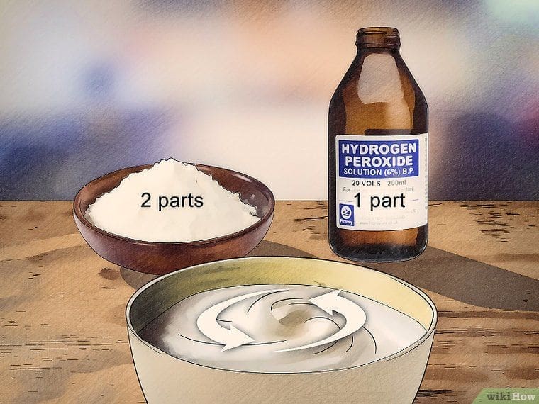 hydrogen peroxide and baking soda in picture with a bowl of mixture of both of them