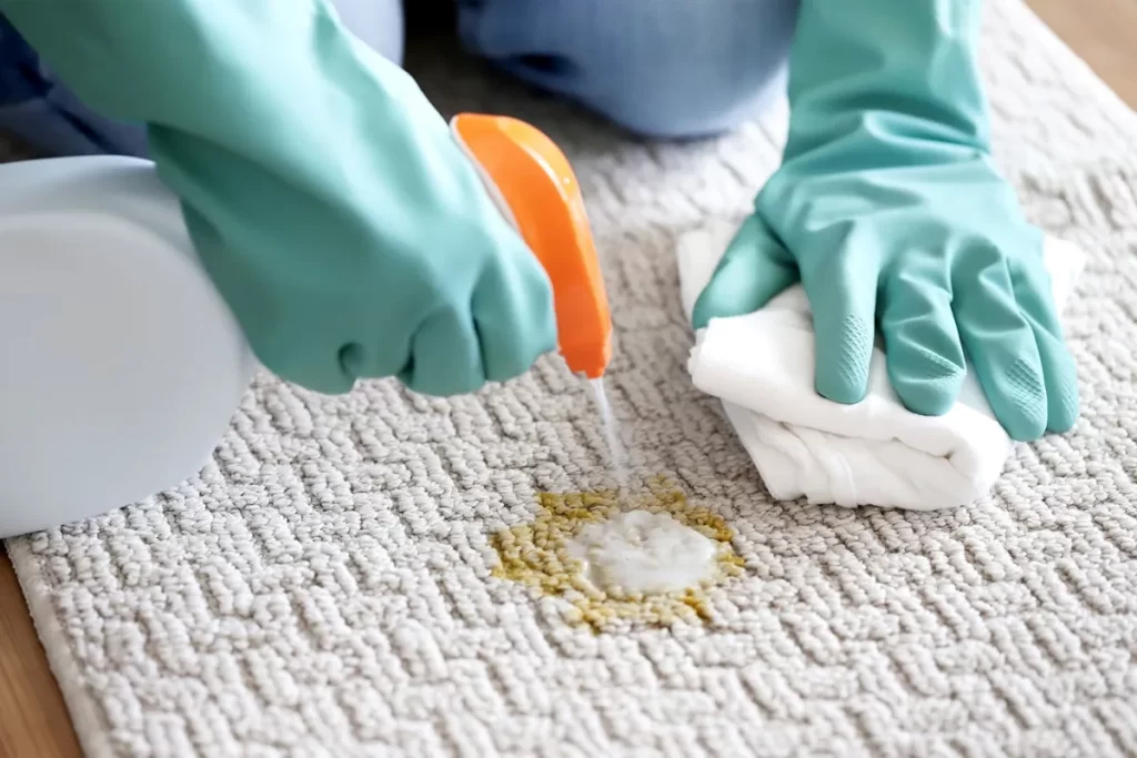 a person wearing gloves and cleaning vomit from carpet with a spray bottle in hand and a towel in second hand.