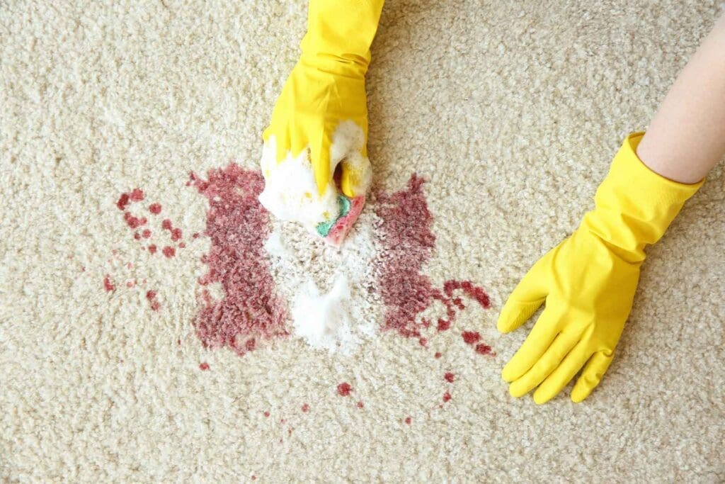 two hands are seen applying chlorine dioxide to a bloodstain, and as bubbles form, it vividly illustrates the effective action of the cleaning process.