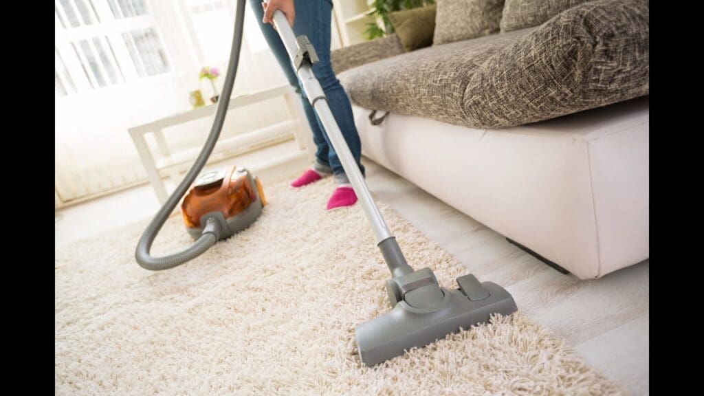 a person vacuuming area rug with vacuum cleaner.