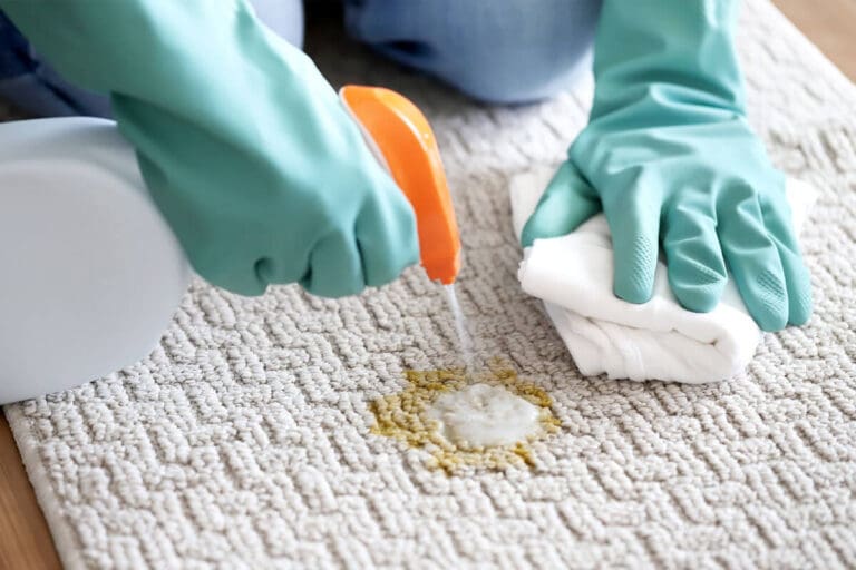 close shot of hands wearing blue protective gloves with spray bottle and cotton cloth in hand soaking up oil from carpet and spraying cleaning solution on the stain.